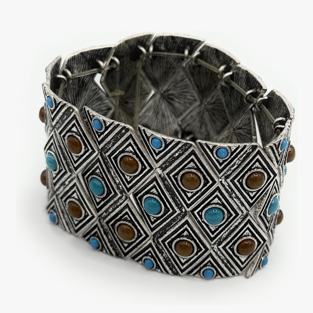 Premier Designs Silver Bracelet with Turquoise and Brown Accents